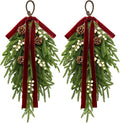 nuvagiki Christmas Teardrop Swag Decorations, 24'' Christmas Teardrop Wreath Artificial Pine Needle Berries Hanging Decor, Red Velvet Bow Swag Decorations for Front Door Mantle Wall Indoor Home Decor