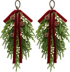 nuvagiki Christmas Teardrop Swag Decorations, 24'' Christmas Teardrop Wreath Artificial Pine Needle Berries Hanging Decor, Red Velvet Bow Swag Decorations for Front Door Mantle Wall Indoor Home Decor