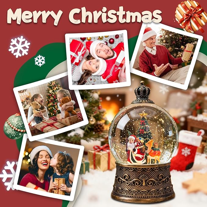 Christmas Snow Globes Lantern, Santa Claus and Reindeer Christmas Decorations Indoor, 6H Timer Battery & USB Powered Light Up Musical Snow Globes for Kids Women Adults Gift Thanksgiving Home Decor