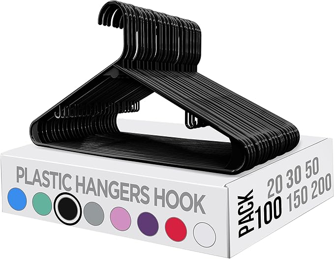 Utopia Home Plastic Hangers 100 Pack - Space Saving Clothes Hanger - Durable & Strong Closet Organizers and Storage with Built-in Strap Hooks - Essential for Shirts, Pants, Skirts & Coats (Black)