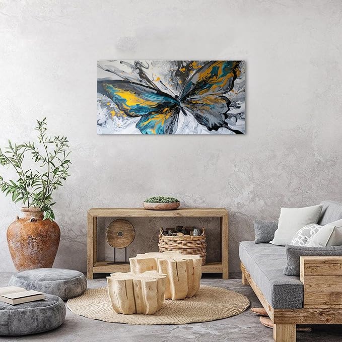 Abstract Butterfly Wall Art Teal Grey Yellow Butterfly Wall Decor Modern Marble Textured Canvas Poster Luxury Fluid Pictures Watercolor Neutral Artwork for Living Room Bedroom Home Decoration 20x40"