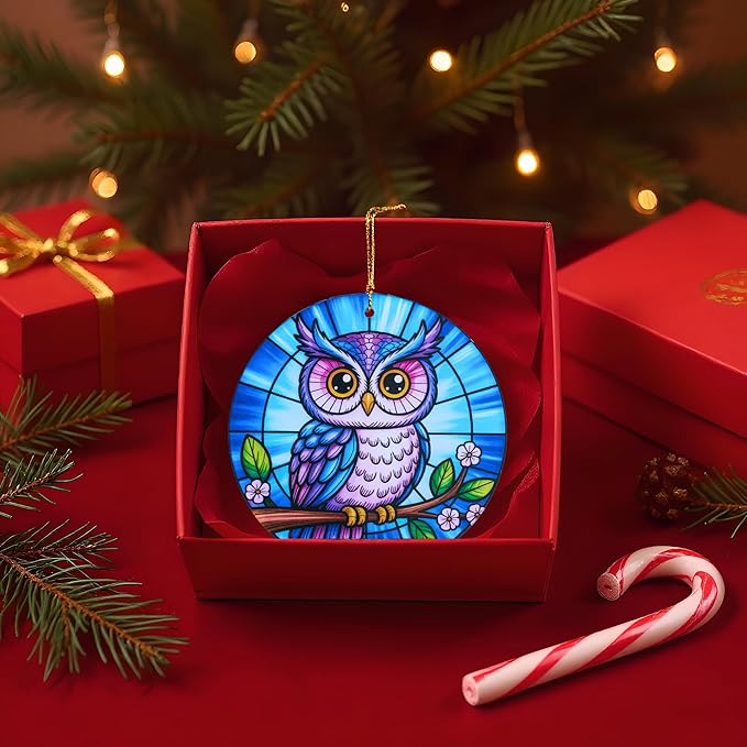 Owl Christmas Ornaments 2025 Stained Glass Effect Acrylic Hanging Gift, for Women, Owl Ornaments for Tree Windows, Ornaments for Christmas Trees Holiday Gifting, Thanksgiving Gift