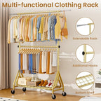 Heavy Duty Clothes Rack for Hanging Clothes, Double Rods Clothing Rack with Lockable Wheels, Rolling Garment Racks with Shelf, Easy to Assemble, Gold