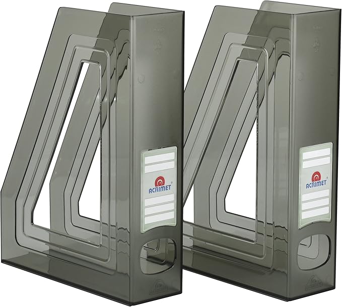 Acrimet Magazine File Holder Bin Storage, Vertical Rack for Documents, Folders and Mail, Durable Plastic Desk Organizer for Office & Home (Clear Gray Color) (2 Pack)