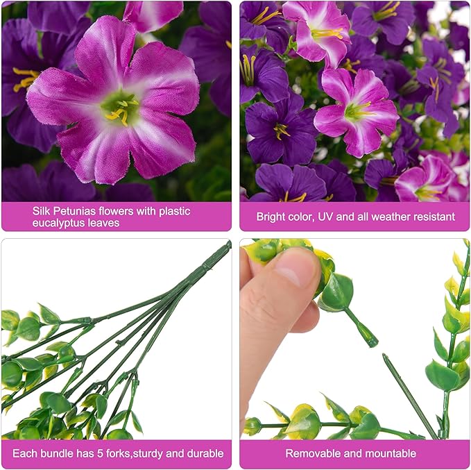 INSPRING Artificial Outdoor Flowers Hanging Baskets Faux Plants Spring Decoration, UV Resistant Fake Silk Morning Glory in Planter Look Real Petunias for Outside Patio Porch Balcony Garden Home, 2Mix