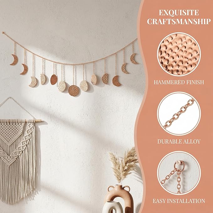 opulinea Moon Phase Garland Rose Gold Hammered Metal - Celestial Boho Wall Hanging Decor Moon Phases Ornament for Bedroom Aesthetic Above Bed Living Room Home Decor