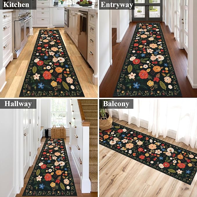 U'Artlines 2'6" x 8' Boho Runner Rug for Hallways Kitchen Colorful Floral Soft Non Slip Washable Floor Carpet Runners for Entryway Laundry Room Bathroom Black Green