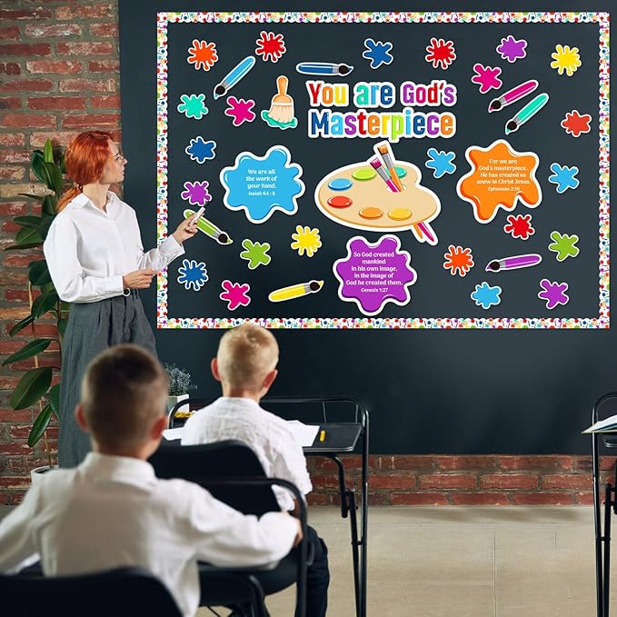 God Paint Splatter Religious Bulletin Board Set Christian Jesus Colorful Art Painting Back to School Classroom Bulletin Board Decorations Bible Cutout for Library Home Wall Sunday School Decor