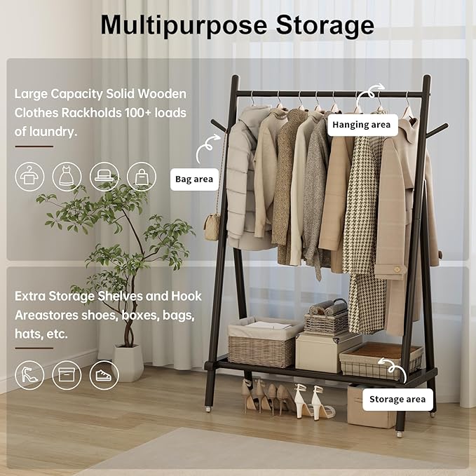 Solid Wood Clothing Rack, Rolling Clothes Rack for Hanging Clothes, Garment Rack with Shelves Load 350 Lbs, Portable Closet Organizer on Wheels for Hanging Clothes (Black)