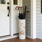 Vintage Metal Round Umbrella Holder Decorative Flower Design Umbrella Stands Entryway Organizer Bucket for Home/Office/Farmhouse - Holds Multiple Umbrellas, Walking Sticks & Canes Flower Pink