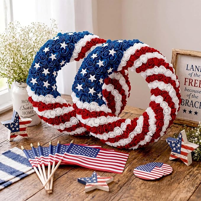 2 Pcs 18 Inch Patriotic Wreath for Front Door 4th of July Wreath Red White Blue Rose Front Door Decor Independence Memorial Artificial Rose Wreaths for 250th Anniversary Porch Wall Indoor Outdoor