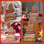 Moucuny 4 Pcs Christmas Table Decoration Gingerbread House Wooden Stacked Block Decor Gingerbread Centerpiece Block Signs Rustic Christmas Tiered Tray Decoration for Home Kitchen Coffee Bar