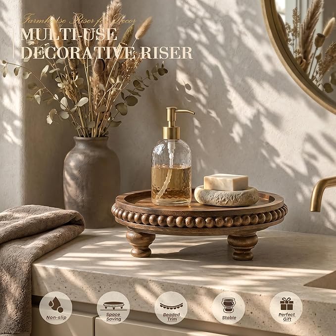 EOSAHR Acacia Round Wood Display Riser for Home Decor – Beaded Pedestal Tray for Perfume Organizer, Bathroom Tray & Kitchen Counter Decor - Farmhouse Boho Accent for Apartment(Acacia Wood)
