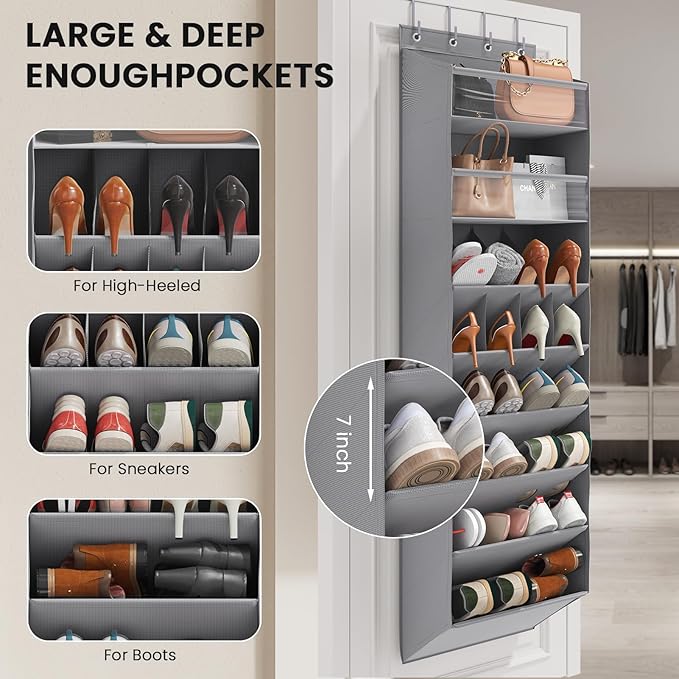 16-20 Pairs Over the Door Shoe Organizer, Clear Pockets Shoe Rack for Closet Door, Hanging Shoe Rack for Boots, Behind the Door Shoe Holder Fit All the Family's Sneakers, Boots, Heels, Grey