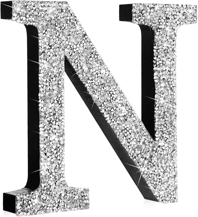 Qunclay 12'' Silver Crystal Diamond Bling Letters Crushed Diamond Decoration Wooden Glitter Letter with Screw and Hooks Rhinestone Gift for Wedding Y2k Mcbling Bedroom Wall Decor (Letter N)