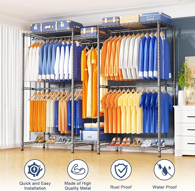 Ulif E12 Pro Clothes Rack，Heavy Duty Freestanding Garment Rack with Shelves，Metal Clothing Closet Storage System for Hanging Clothes，71" W x 16" D x 76.5" H, Hold 960 lbs，Grey