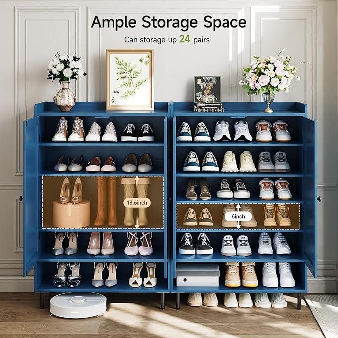 Blue 7+1 Tier Farmhouse Shoe Storage Cabinet - 45" Tall Entryway Organizer with Cross Molding Doors, 3 Adjustable Shelves & Metal Legs, Shoe Rack for Front Door Entrance