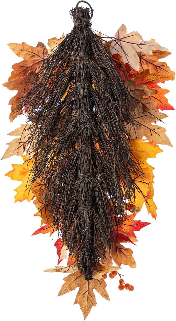 Glitzhome Fall Teardrop Swags for Front Door, 28''H Autumn Swag with Lotus, Lotus Pod and Berry, Fall Swags for Front Door, Thanksgiving Harvest Festivals Decor