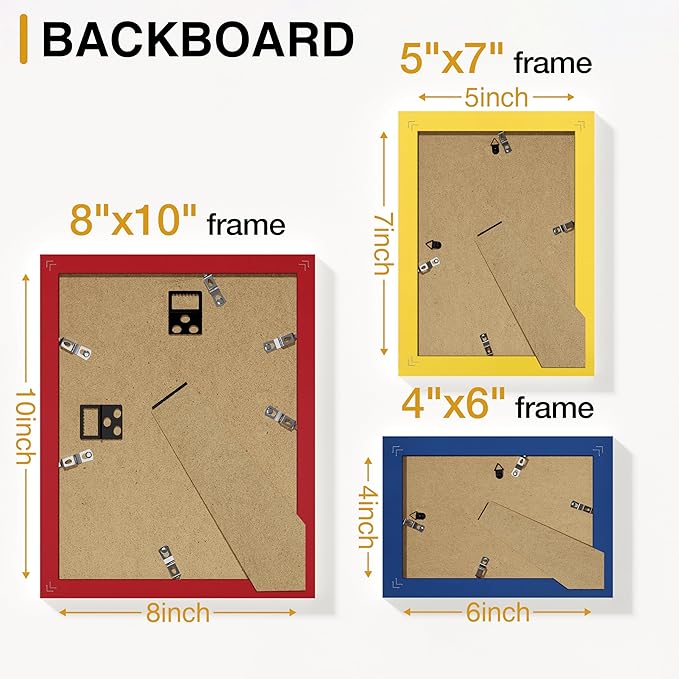 Vittanly 15 Pack Picture Frames Collage Wall Decor, Multi Sizes Including 3pcs 8x10, 6pcs 5x7 and 6pcs 4x6 Photo Frames, Gallery Frame Set for Wall or Tabletop Display, Red, Yellow and Blue