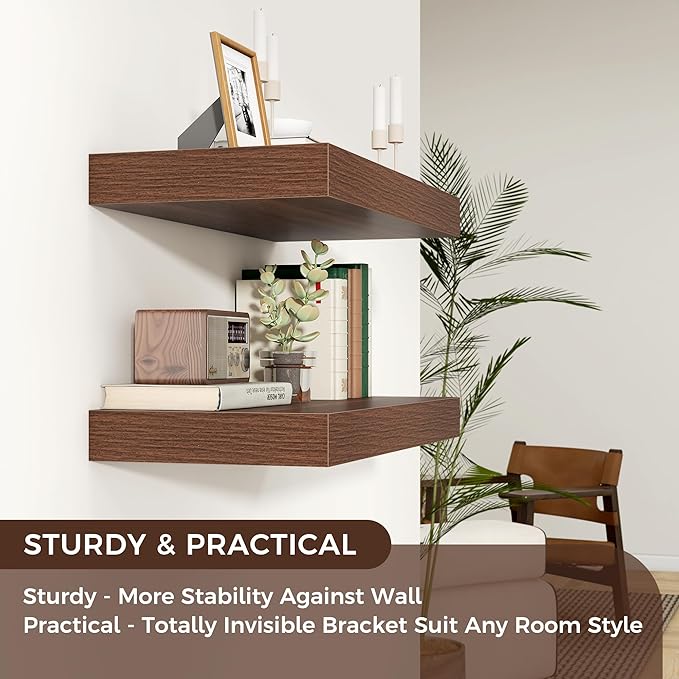 Venusmiles Floating Shelves for Wall, 36" W x 12" D x 2" H, 2 Pack of Long Wall Mounted Engineered Wood Shelves with Invisible Brackets for Living Room, Bedroom, Bathroom, Kitchen Decor, Walnut