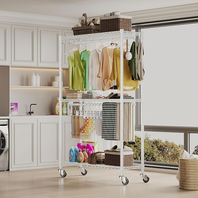 Rolling Garment Rack with Wheels, Heavy Duty Clothing Rack for Hanging Clothes, Load 480 LBS Metal Closet Rack Double Hanging Rods Portable Closet for Bedroom Storage, H2 Plus, White