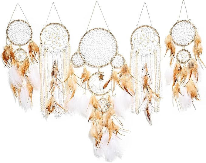 5 Pack Dream Catchers Sun Moon Design Large Handmade Boho Wall Hanging Ornament with Decorative Feathers for Boys Girls Bedroom Living Home Decoration (Brown)