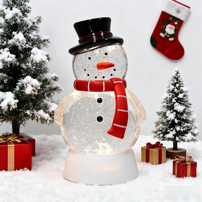 Christmas Snow Globe Snowman Lighted Musical Glitter Globe Battery Operated or USB Powered with Timer Water Glittering Snowing Globe for Christmas Party Home Table Decorations Gifts (Snowman)