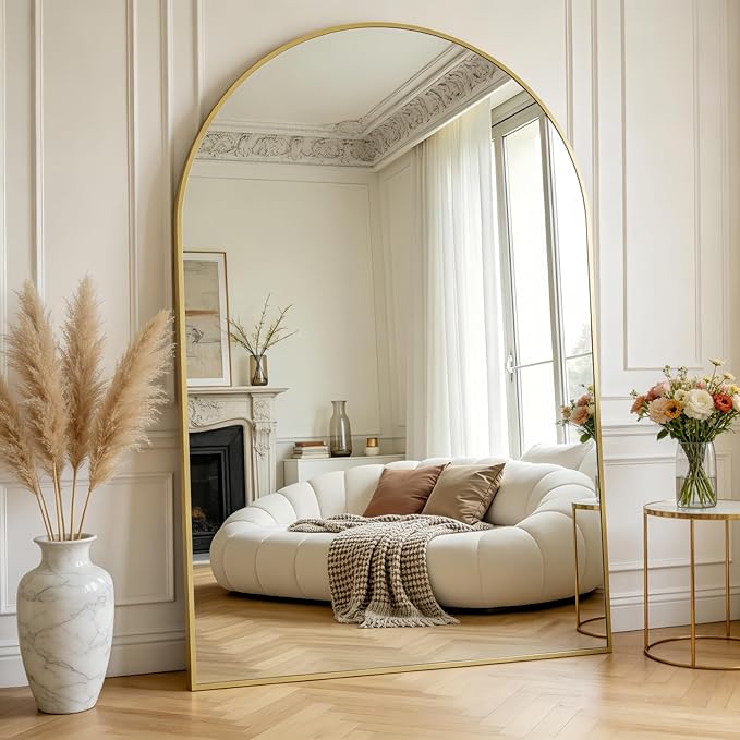Prywot Full Length Mirror, Oversized 90"x46" Arched-Top Floor Mirror, Free Standing Mirrors, Modern Full Body Mirrors with Aluminum Alloy Frame for Bedroom,Living Room, Gold
