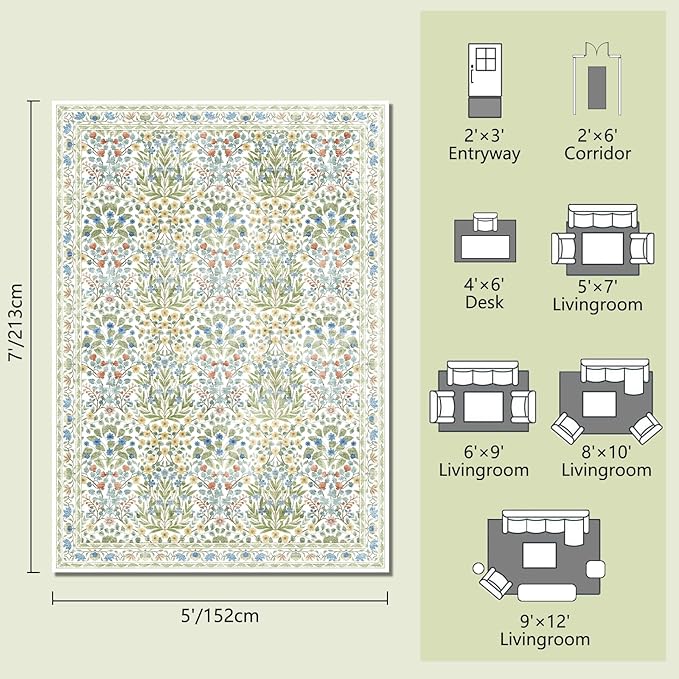 Light Green 5x7 Area Rug - Vintage Floral Washable Bedroom Rug for Living Room, Nursery, Dining Room - Low Pile, Non-Slip, Stain Resistant, Retro Indoor Floor Rug