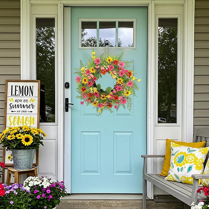 Spring Summer Wreaths for Front Door,22 Inch Artificial Spring Summer Daisy Wreath with Wildflowers,Eucalyptus Leaves for Indoor Outdoor Wall Porch Festival Farmhouse Home Holiday Decor.