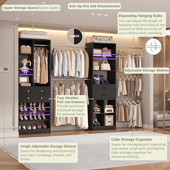 Closet System, Up to 128.6"/10.7 FT Closet Organizer with 4 Wooden Drawers and Shelves, Walk-in Closet System with 6 Hanging Rods, Built-in Closet Can Fit 96"/8FT, 120"/10FT, Black