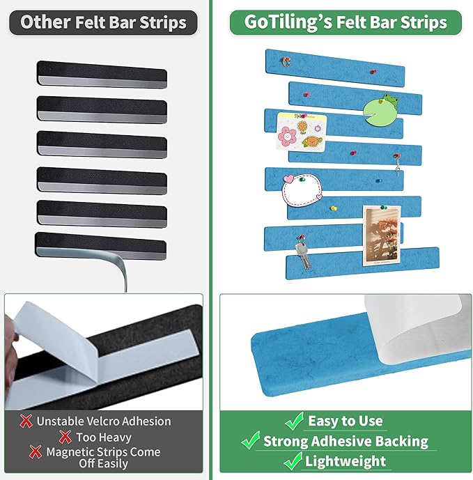 Cork Board for Walls - 8 Pack Felt Pin Board Bar Strips - Self-Adhesive Lightweight Bulletin Board - Cork Board for Office with 40 Push Pins No Damage for Wall (Navy Blue)