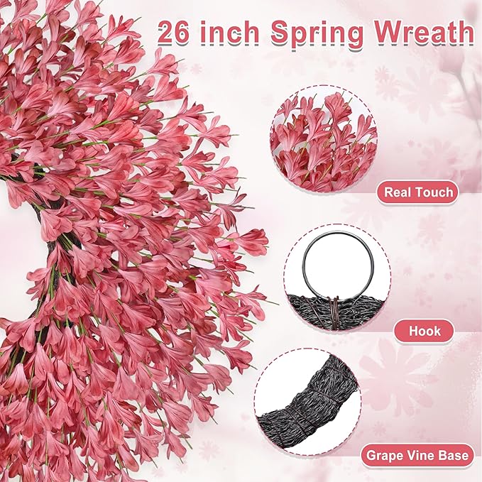 26 Inch Spring Wreaths for Front Door Large Easter Valentines Forsythia Floral Summer Spring Door Wreaths Outdoor All Season Spring Decorations for Home Porch Room Window Wall Farmhouse Decor(Pink-1)
