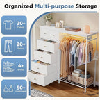 OLIXIS 6 Storage for Bedroom with Hanging Rack with LED Lights & Charging Station, Fabric Chest of Storage with Rack, Wooden Top, for Home Living Room Entryway White