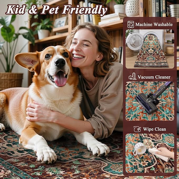 U'Artlines Boho Vintage Area Rug 3x5 Machine Washable Low Pile Ultra-Thin Soft Floor Carpet Non Slip Non Shedding Accent Rug for Living Room Bedroom Entryway Dining Room Office Rust＆Teal