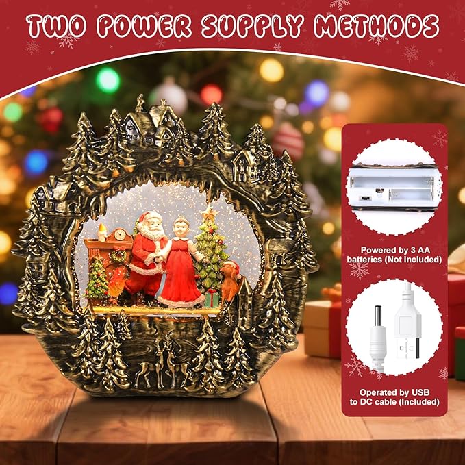 Christmas Snow Globe Lantern Water Glittering Lantern with Santa Claus 8 Music Songs & 6H Timer Christmas Snow Globes USB & Battery Operated for Christmas Festival Decorations Gifts (Bridge-Santa)