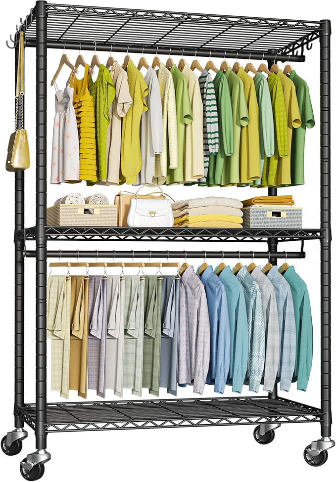 FUTASSI P3 Plus Rolling Clothes Rack, Clothing Racks for Hanging Clothes, Heavy Duty Garment Rack with Wheels, Freestanding Portable Closet Rack 45" W x 14" D x 78.5" H, Max Load 480 LBS, Black