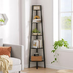 Hoctieon Corner Shelf, 5-Tier Corner Bookshelf, Rustic Ladder Shelf, Industrial Display Stand for Living Room, Kitchen, Home Office, Balcony, Small Space, Metal Frame, Black