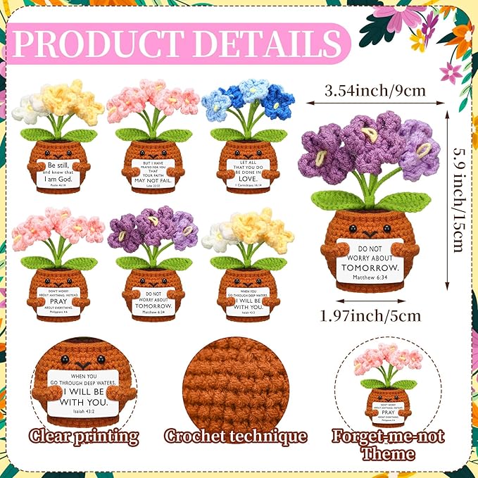 Wavwavw 6 Pcs Christian Gift for Women Inspirational Religious Gifts Positive Faith Scripture Crochet Handmade Bible Verse Crochet Doll with Prayer Card for Vbs Church(Forget Me Not)