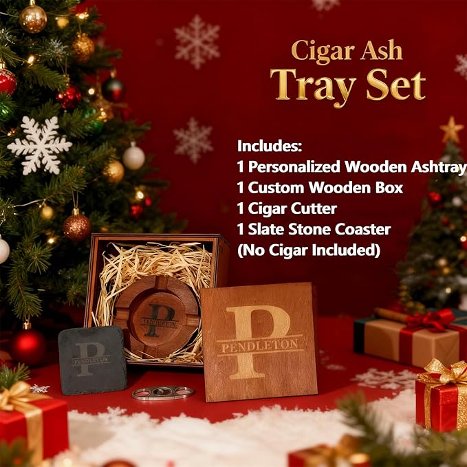 Cigar Ashtray Gift Set with Cigar Cutter for Men Custom Wooden Ashtray Personalized Name Walnut Cigar Ash Tray Gifts for Husband Dad Father Groomsmen Papa Grandpa (Deep Dish Set)