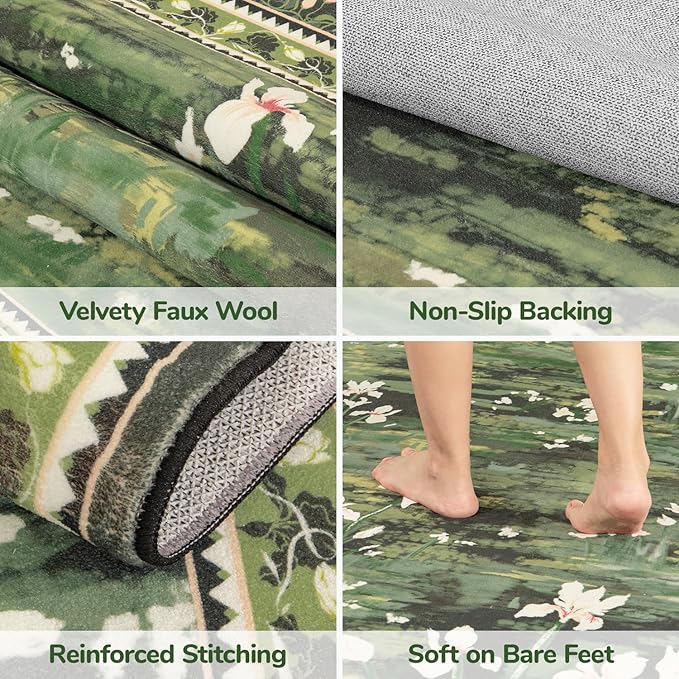Lessymo Dark Green Floral Rug 8x10 for Living Room, Large Washable Soft Non-Slip Area Rugs, Boho Farmhouse Moody Aesthetic Carpet, Bedroom Dining Nursery Home Office Decor