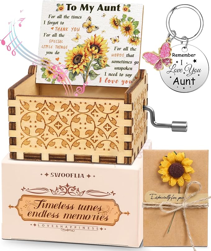 Swooflia Mother's Day Wooden Music Box for Aunt - Hand Crank Engraved Musical Box Vintage Mechanism Personalized Gifts for Mom Daughter Niece Granddaughter Grandma Friend Jesus On Birthday