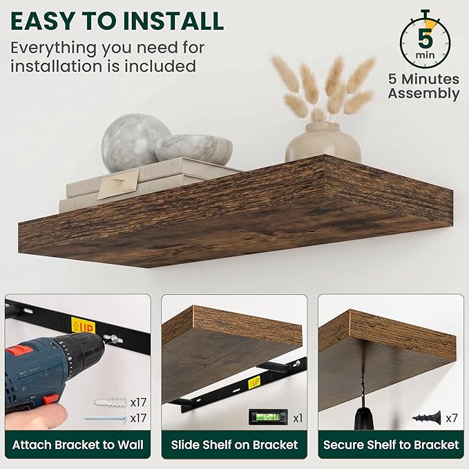 Floating Shelves for Wall 24 in x 9.3 in Deep, Wall Mounted Rustic Wood Shelf with Invisible Brackets for Storage & Display, Living Room Bedroom Bathroom, Brown, 2 Pack
