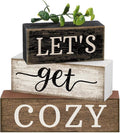 Moucuny 4 Pcs Farmhouse Table Decor Inspirational Wooden Signs Rustic Eucalyptus Leaves Wooden Block Sign Gift Let's Get Cozy Farmhouse Table Centerpiece for Living Room Housewarming Gift