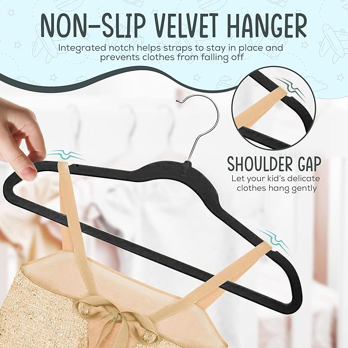 50 Premium Kids Velvet Hangers - 14" Non-Slip Clothes Hangers for Kids & Preteens - Ultra Slim, Space-Saving, Strong & Durable Hangers with 360° Swivel Hook - Black