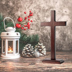 KUXBET Wooden Wall Cross with Stand for Hanging or Standing 12.5 Inch Jesus Christ Catholic Wood Crafted Cross for Wall Decoration Table Home Decor