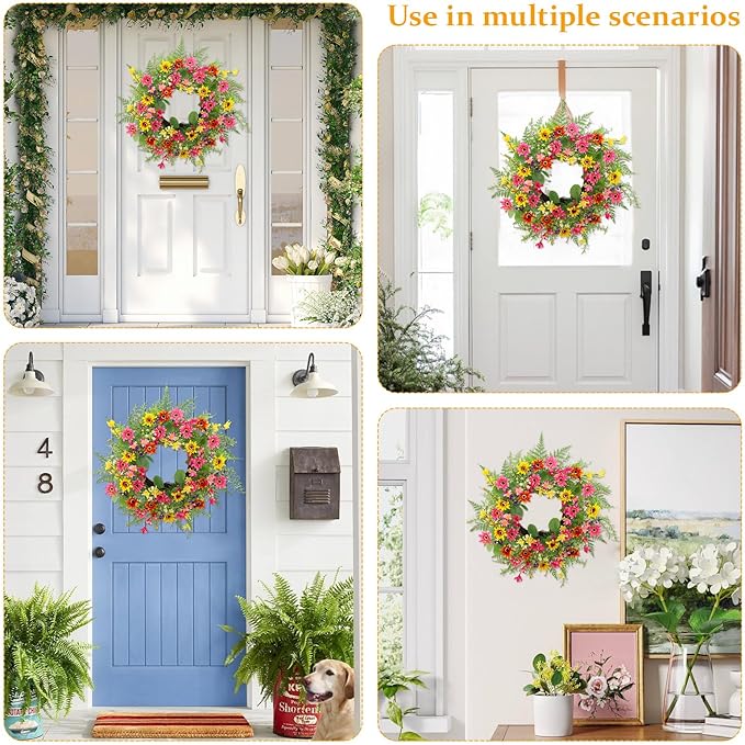 Spring Summer Wreaths for Front Door,22 Inch Artificial Spring Summer Daisy Wreath with Wildflowers,Eucalyptus Leaves for Indoor Outdoor Wall Porch Festival Farmhouse Home Holiday Decor.