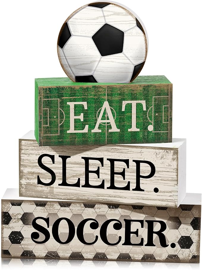 Yuntau 4 Pcs Soccer Wooden Tabletop Decor Soccer Tiered Tray Decor Rustic Wood Block Sign Gift Centerpiece Farmhouse Table Sign for Home Boys Room Office Shelf Birthday Party