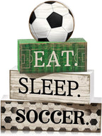 Yuntau 4 Pcs Soccer Wooden Tabletop Decor Soccer Tiered Tray Decor Rustic Wood Block Sign Gift Centerpiece Farmhouse Table Sign for Home Boys Room Office Shelf Birthday Party