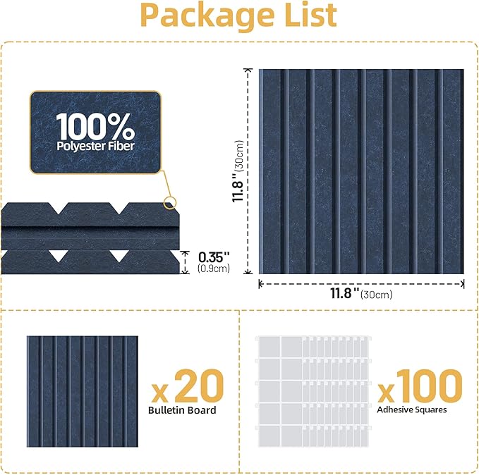 Large Cork Board for Wall 48" x 60" Blue Bulletin Board with Safe Removable Adhesive Squares for Pictures Photos, Alternative CorkBoard Felt Pin Boards Tiles for Office Classroom Wall Decor - 20 Pack